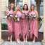 Modest Pink High Low Long Bridesmaid Dress with Ruffles PDG62