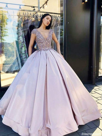 Charming Ball Gown V Neck Lavender Long Prom Dresses with Beading PDF62