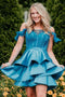 A Line Off the Shoulder Satin Tired Mini Homecoming Dresses,Short Prom Dresses PPD31