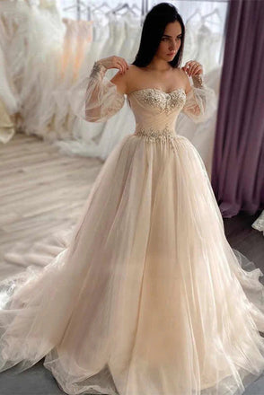 Ball Gown Champagne Sweetheart Strapless Tulle Wedding Dresses, Lace Up Prom Dress OW0112