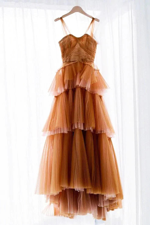 A Line Orange Off The Shoulder Tulle Tiered Long Prom Dress, A Line Evening Gown OM0317