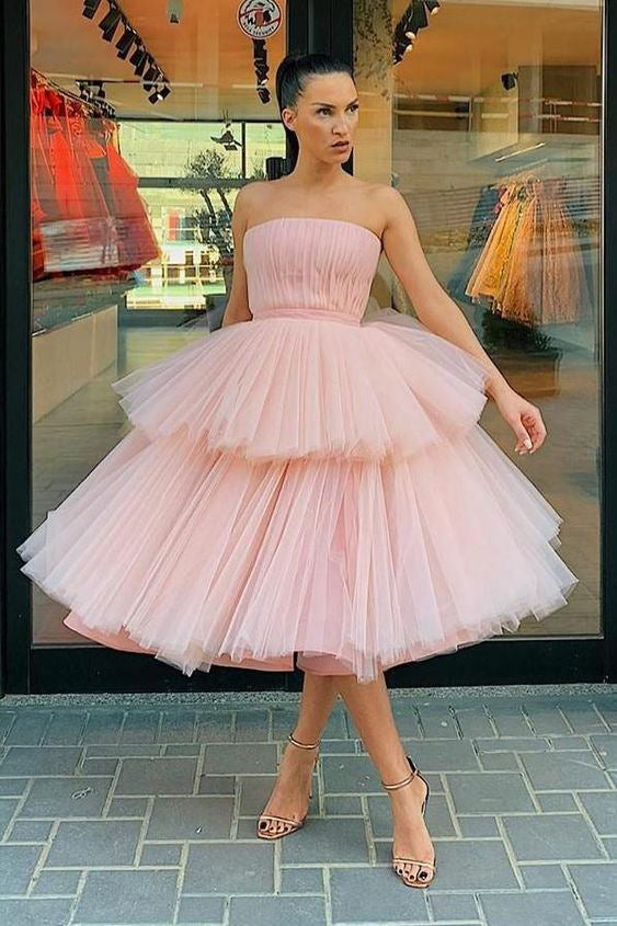 A Line Strapless Pink Tulle Short Prom Dress With Tiered Skirt, Homecoming Dresses OM0254