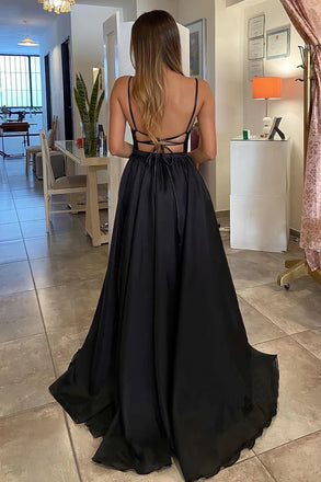 Sparkly A line Black V neck Long Prom Dresses, Sleeveless Evening Dress with High Split OM0315