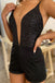 Sparkly A line Black V neck Long Prom Dresses, Sleeveless Evening Dress with High Split OM0315