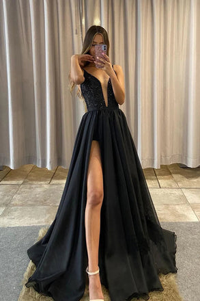 Sparkly A line Black V neck Long Prom Dresses, Sleeveless Evening Dress with High Split OM0315