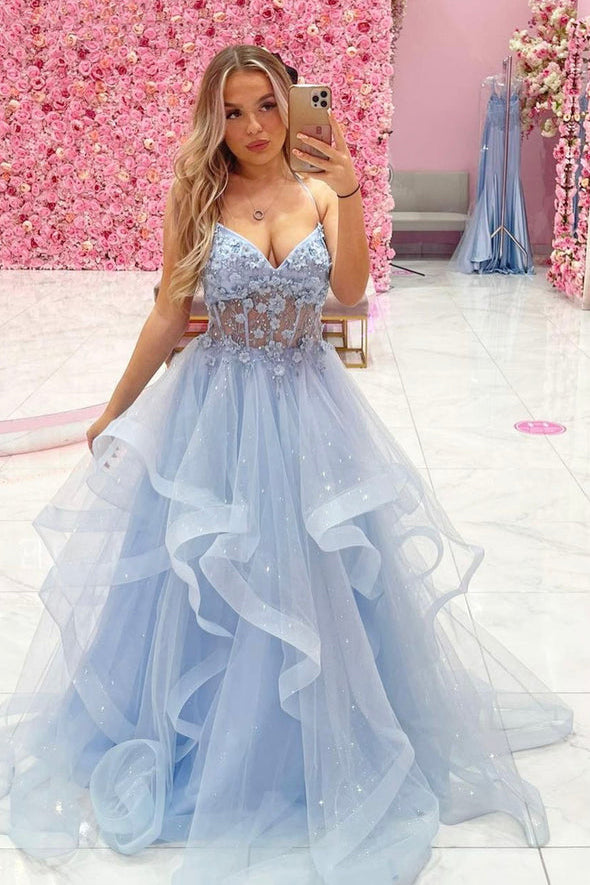 Charming A line Blue Spaghetti Straps V neck Long Prom Dress, Sparkly Tulle Evening Dress OM0296