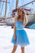 Cute A Line V neck Pearls Blue Tulle Homecoming Dresses, Spaghetti Straps Mini Dress OMH0180