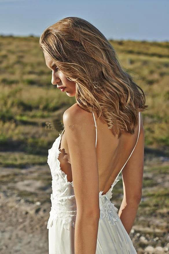 Rustic A line Spaghetti Straps Wedding Gowns, V Neck Chiffon Boho Bridal Dress with Lace OW0075