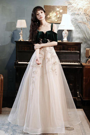 Vintage A line Green Straps Tulle Prom Dresses, Appliques Floor Length Formal Dress OM0312