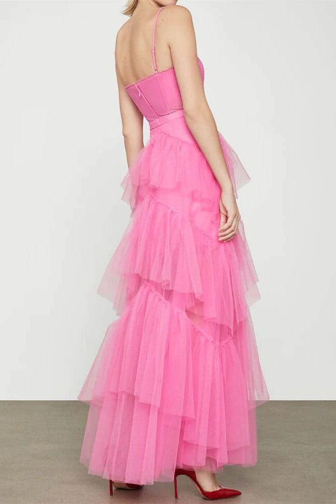 A Line Hot Pink Tulle Spaghetti Straps Long Party Dresses, Layered Floor Length Formal Dress OM0285