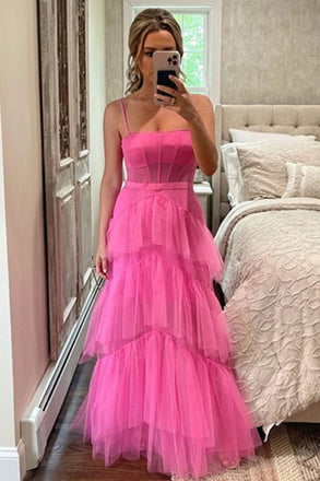 A Line Hot Pink Tulle Spaghetti Straps Long Party Dresses, Layered Floor Length Formal Dress OM0285