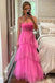 A Line Hot Pink Tulle Spaghetti Straps Long Party Dresses, Layered Floor Length Formal Dress OM0285