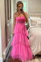 A Line Hot Pink Tulle Spaghetti Straps Long Party Dresses, Layered Floor Length Formal Dress OM0285