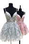 A Line Spaghetti Strapless Lace V Neck Homecoming Dresses. Short Prom Dresses OMH0215