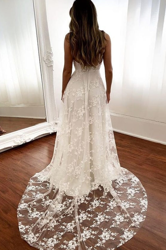 Rustic A Line Spaghetti Straps Lace Appliques V Neck Wedding Dresses With High Slit OW0118