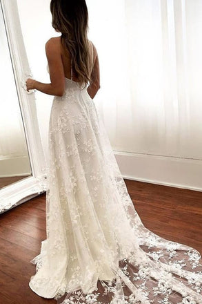Rustic A Line Spaghetti Straps Lace Appliques V Neck Wedding Dresses With High Slit OW0118