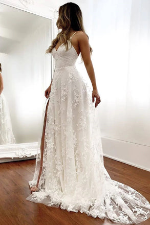 Rustic A Line Spaghetti Straps Lace Appliques V Neck Wedding Dresses With High Slit OW0118