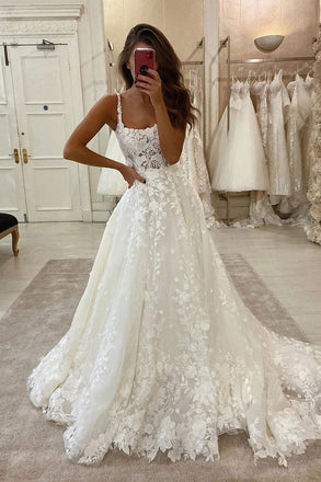 Elegant A Line Lace Ivory Scoop Long Wedding Dresses, Straps Wedding Gowns OW0095