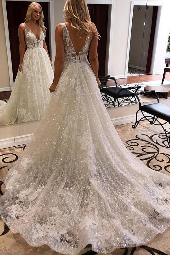Charming A line Deep V Neck Sparkle Wedding Dress With Appliques, Wedding Gowns OW0022