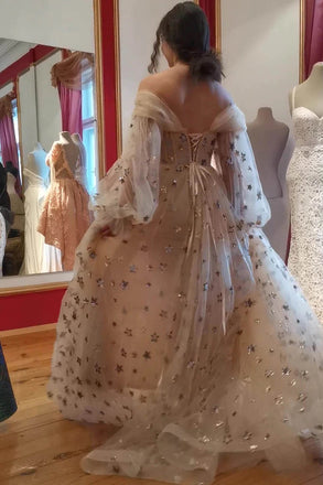 Gorgeous A line Tulle Starry Prom Dresses, Shiny Stars Off the Shoulder Dance Dress OM0228