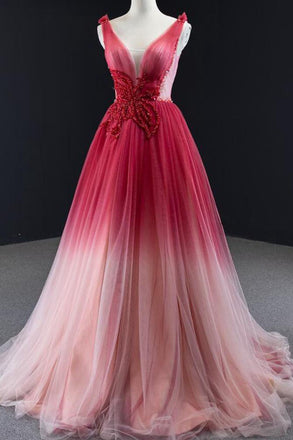Charming A Line Ombre V Neck Tulle Burgundy Long Prom Dresses with Beads OM0135