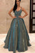 Charming V Neck Sparkly Long Prom Dresses with Pockets, Cross Back Evening Dresses PDQ87