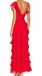 Red A line Lace V Neck Long Prom Dresses, Layers Floor Length Evening Gowns OM0330