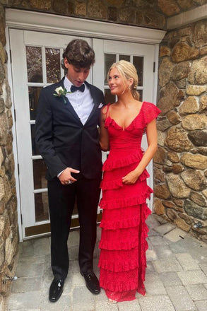 Red A line Lace V Neck Long Prom Dresses, Layers Floor Length Evening Gowns OM0330