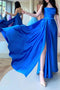 Simple A line Satin Royal Blue Strapless Long Prom Dress with Slit, Evening Dresses OM0264