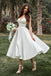 Princess A line Spghetti Straps Satin Ivory V Neck Tea Length Prom Wedding Dresses OW0026