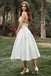 Princess A line Spghetti Straps Satin Ivory V Neck Tea Length Prom Wedding Dresses OW0026