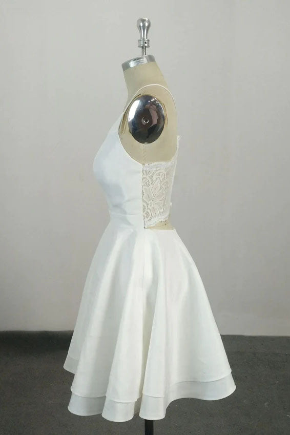 A Line White V Neck Satin Homecoming Dress with Lace, White Graduation Dress OMH0231