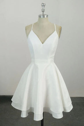 A Line White V Neck Satin Homecoming Dress with Lace, White Graduation Dress OMH0231