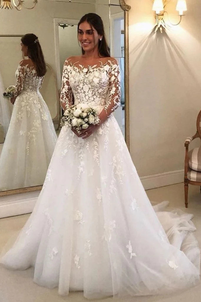 Lace Long-Sleeve Wedding Dress with Simple Skirt