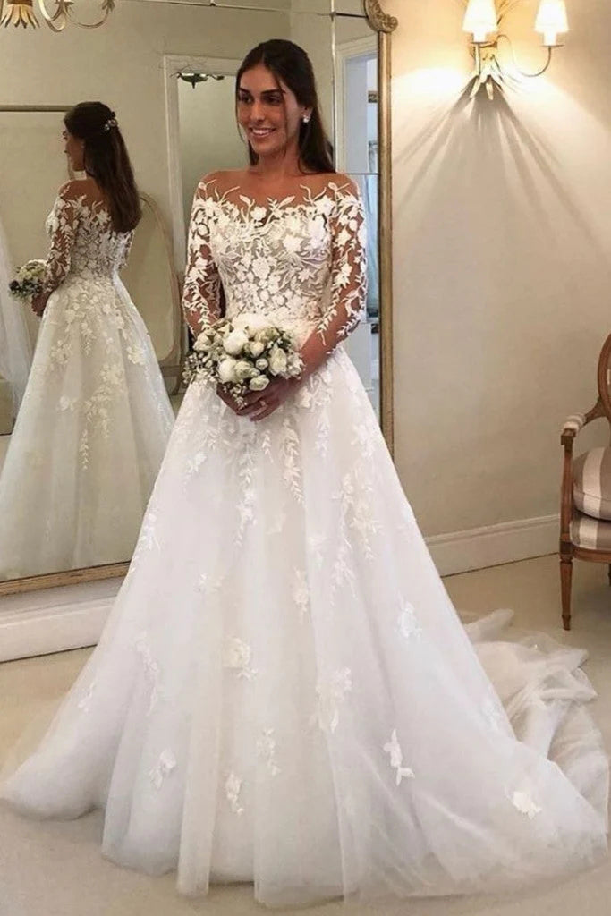 Elegant A Line Sheer Neck Long Sleeves Lace Appliques Wedding Dress with Tulle Skirt trendtydresses Elegant A Line Sheer Neck Long Sleeves Lace Appliques Wedding Dress with Tulle Skirt trendtydresses