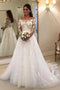 Elegant A Line Sheer Neck Long Sleeves Lace Appliques Wedding Dresses with Tulle Skirt OW0061