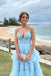 A Line Spaghetti Straps Tiered V Neck Light Blue Tulle Long Prom Dresses Evening Dress OM0340
