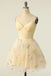 A Line Champagne Tulle V Neck Spaghetti Straps Homecoming Dress with Embroidery OMH0136