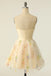 A Line Champagne Tulle V Neck Spaghetti Straps Homecoming Dress with Embroidery OMH0136