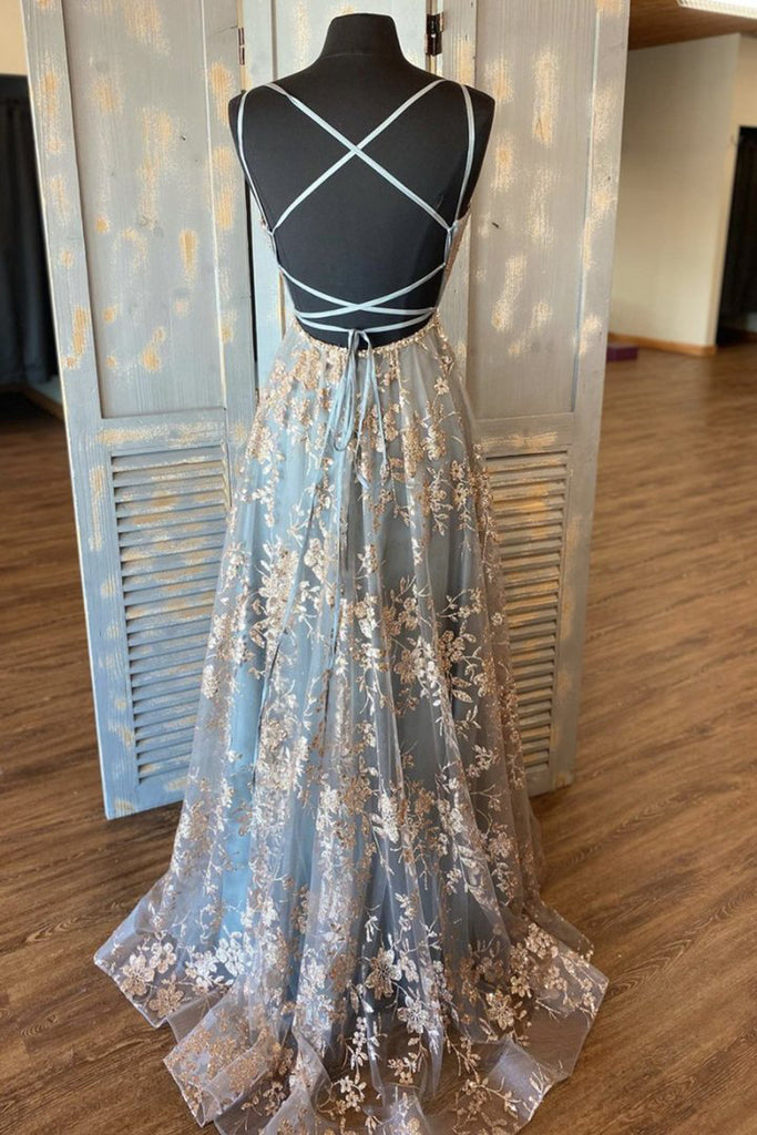 Elegant A line Tulle V neck Spaghetti Straps Lace Appliques Prom Formal Dresses OM0159
