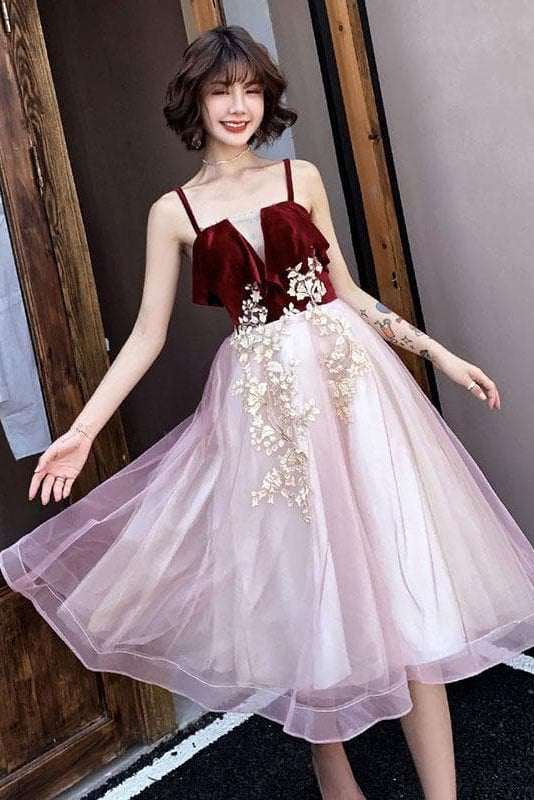 A Line Pink Sweetheart Tulle Short Prom Dresses with Appliques, Homecoming Dresses OMH0100