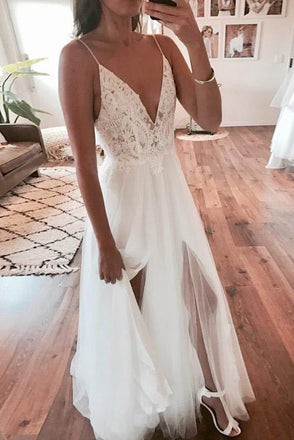 A Line Spaghetti Straps V Neck Lace Wedding Dresses With Side Slit, Ivory Bridal Dress OW0119