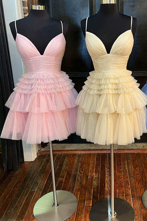 Cute A Line Spaghetti Straps V Neck Short Prom Dresses, Glitter Tulle Homecoming Dress OMH0225