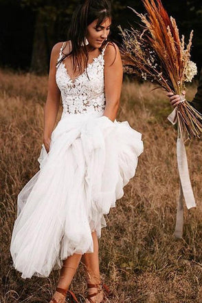 Elegant Lace Bodice V-neck Bridal Dresses White Backless A-line Beach Wedding Dresses OW0103