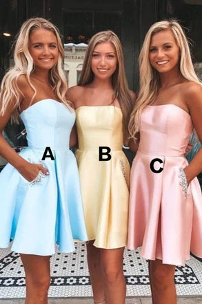 A line Strapless Satin Short Homecoming Dresses with Pockets, Mini Graduation Dress OMH0187