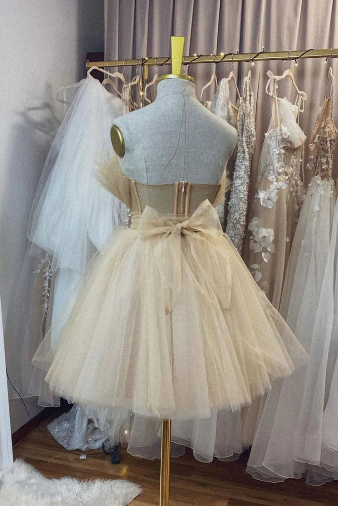 Cute A Line Champagne Tulle Strapless Short Prom Dresses, Homecoming Dress OMH0141