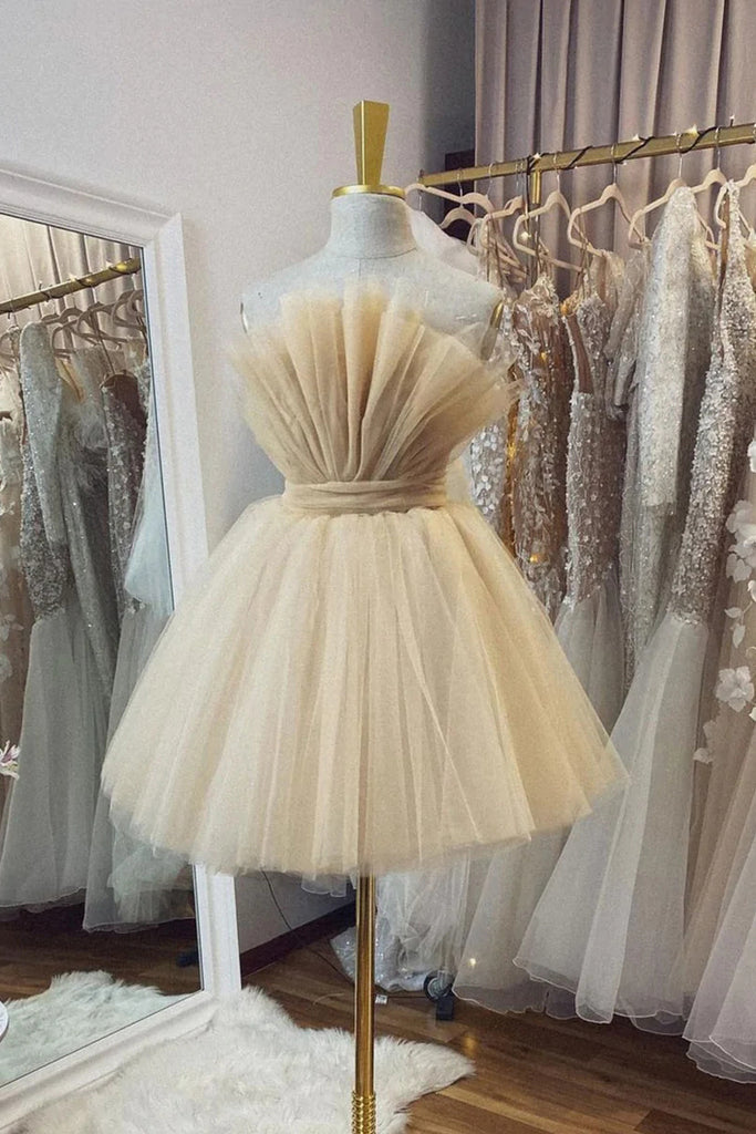Cute A Line Champagne Tulle Strapless Short Prom Dresses, Homecoming Dress OMH0141