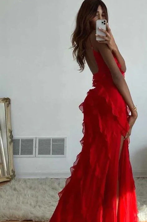Simple A Line Red Tulle Spaghetti Straps V Neck Prom Dress, Backless Evening Gowns OM0332