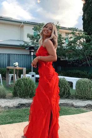 Simple A Line Red Tulle Spaghetti Straps V Neck Prom Dress, Backless Evening Gowns OM0332