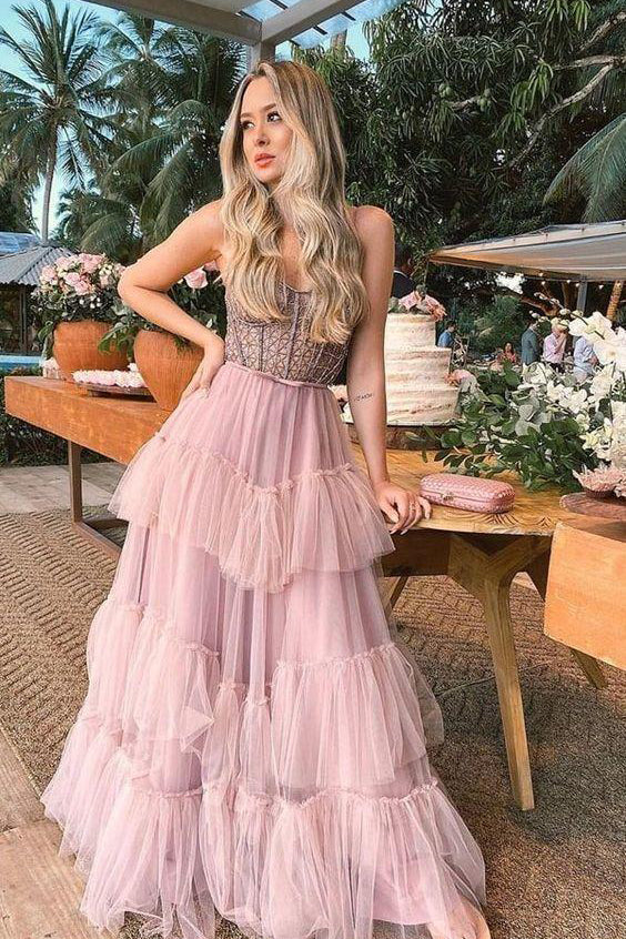 A line Corset Bodice Tulle Pink Prom Dresses with Beading Long Formal Dresses OM0153